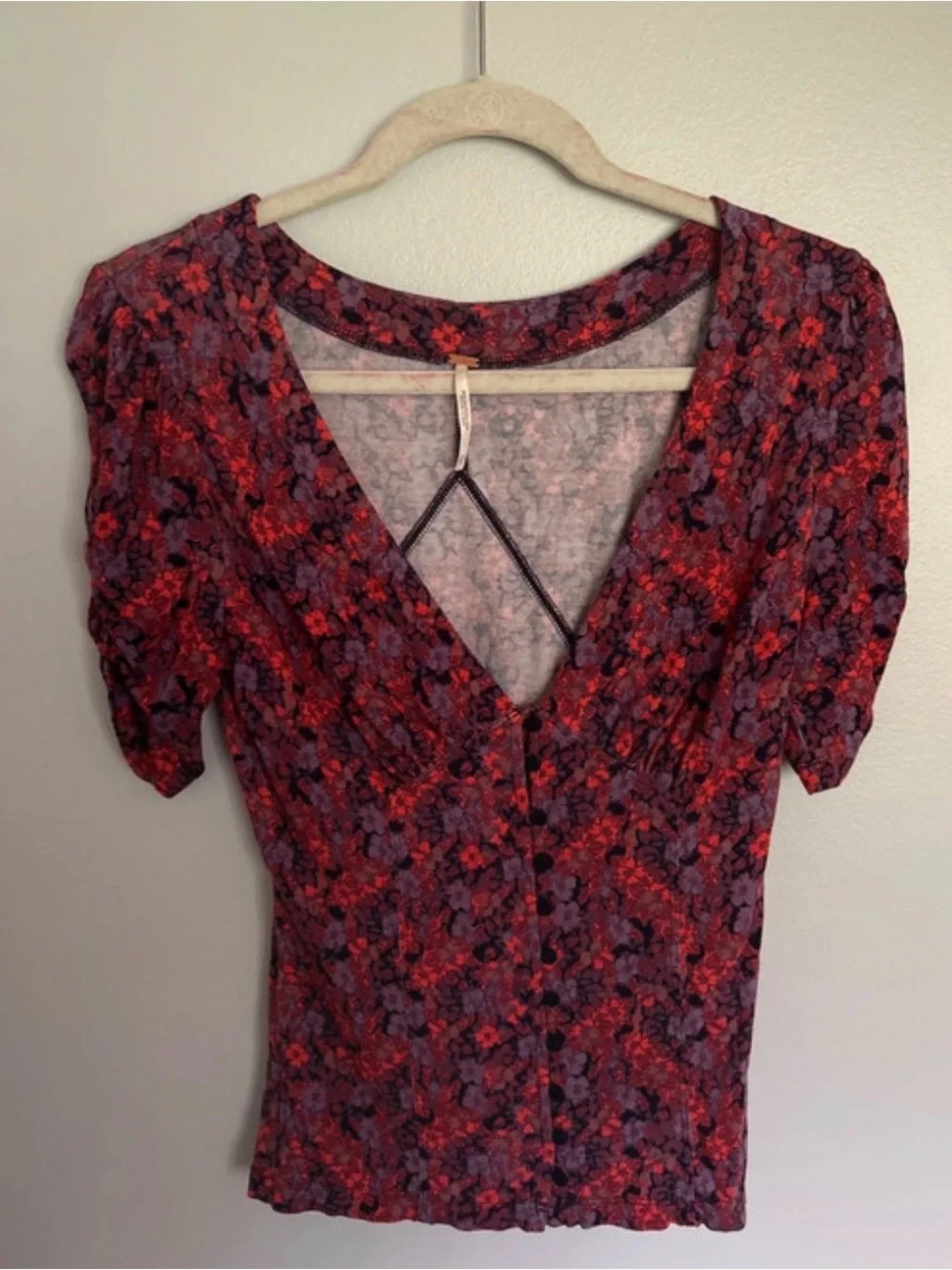 Free People Red Floral V-Neck Button Down Blouse